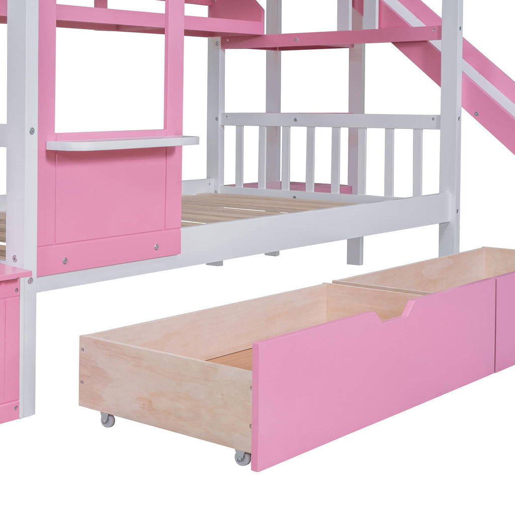 Twin Over Twin Bunk Bed with Slide, 2 Drawers & 3 Shelves E56960