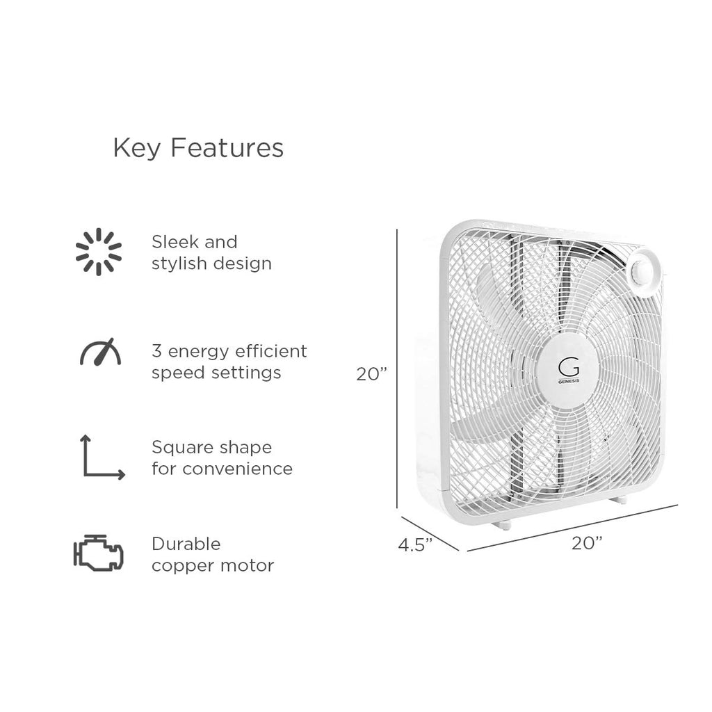 20" Box Fan, 3 Settings, Carry Handle, White L6580