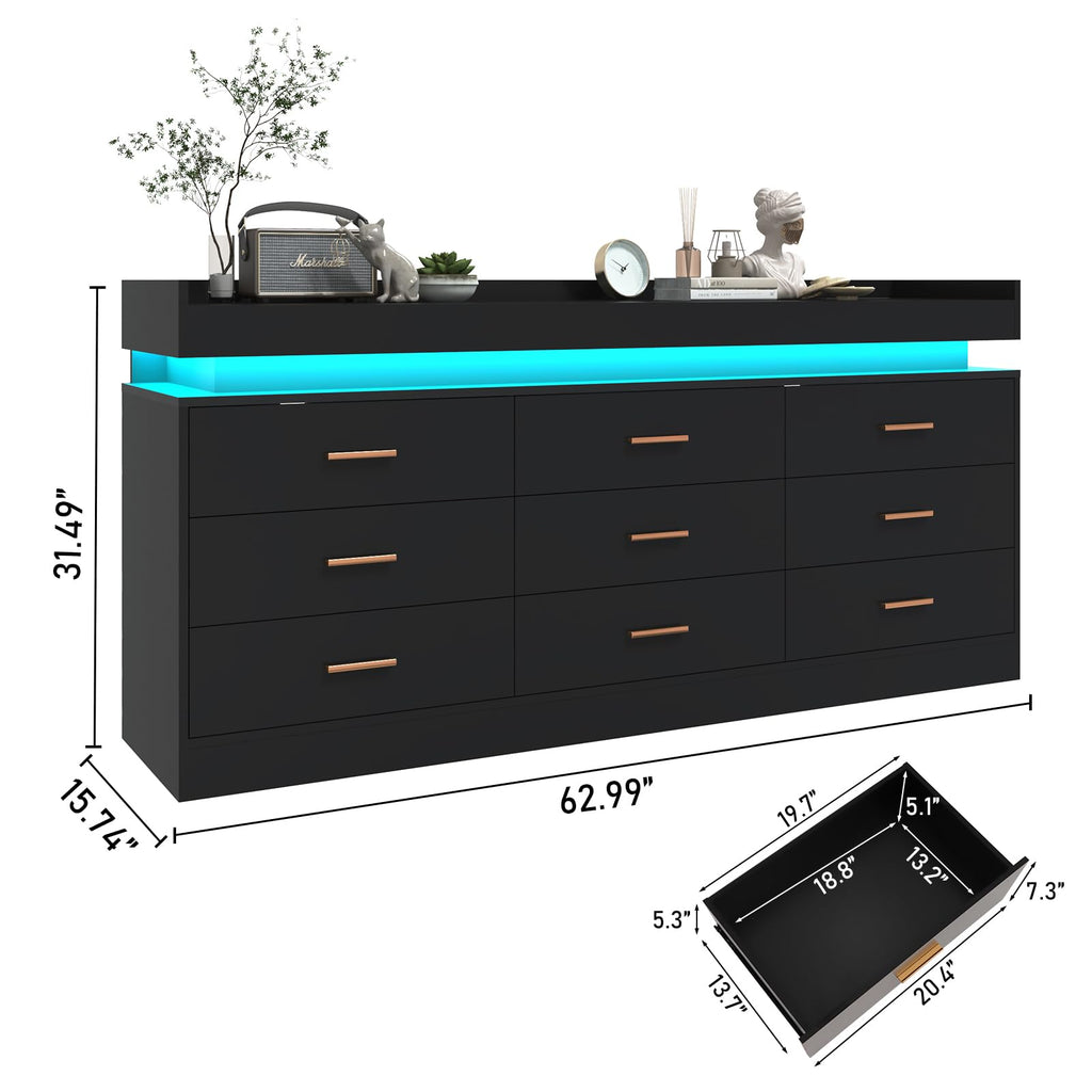 Black 9 Drawer Dresser with Charging Station and LED Lights Q99730