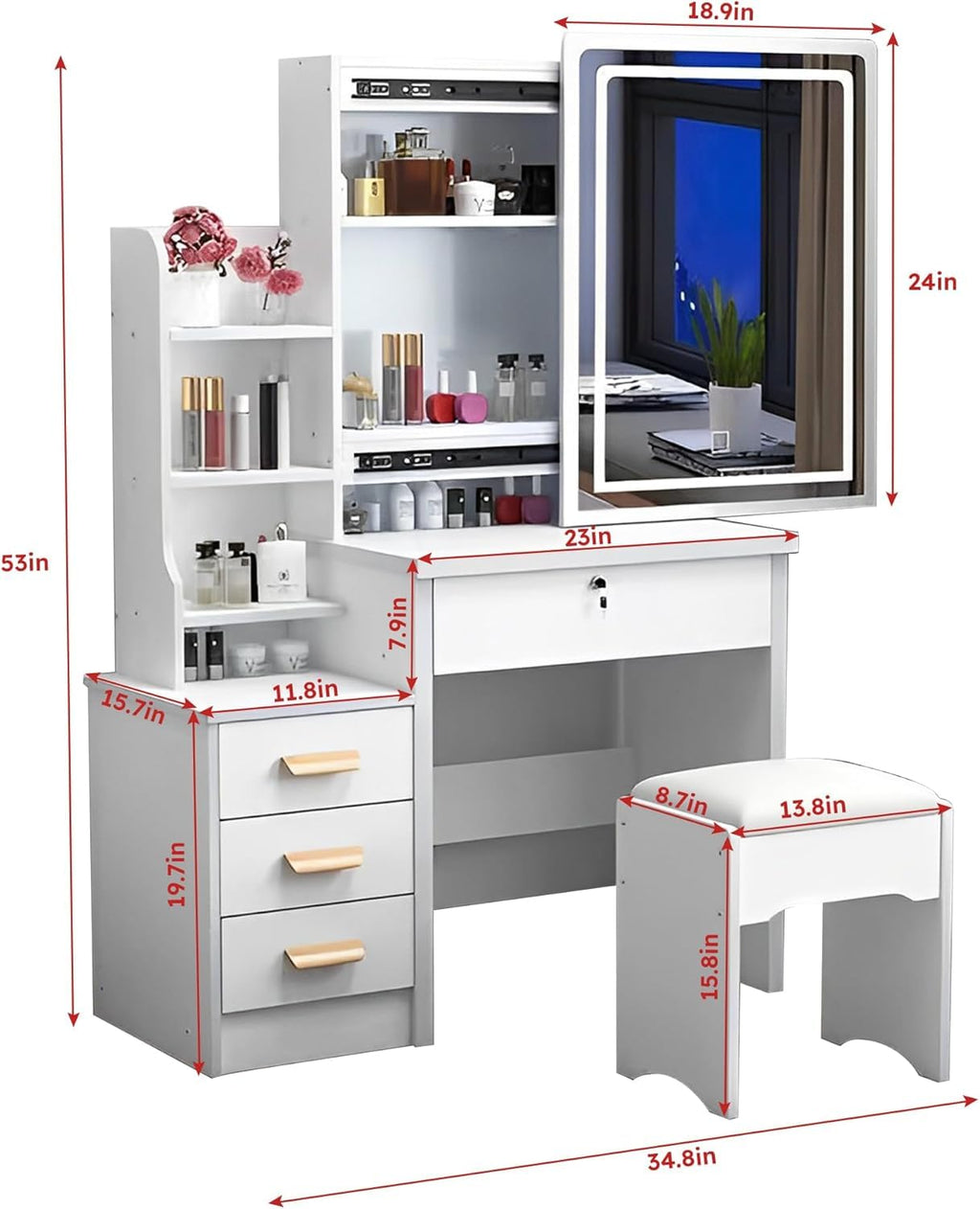 White 4 Drawer Vanity Desk Set with Mirror C44357
