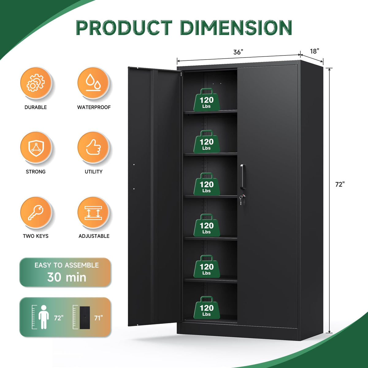 Metal Garage Storage Cabinets with Lock, 72 Tall Steel Lockers, 5 Adjustable Shelves, Black S470233