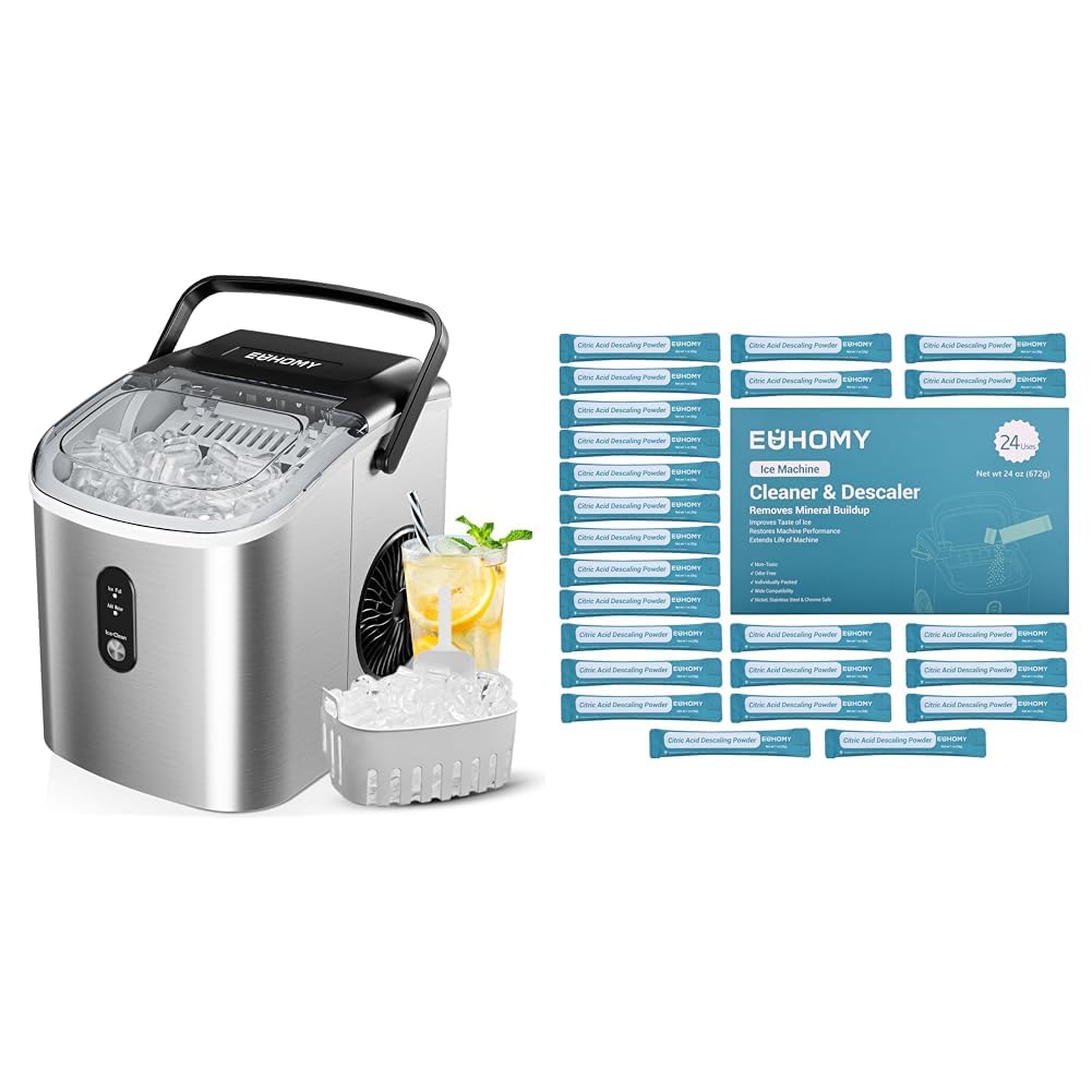 Countertop Ice Maker Machine with Handle, 26.3lbs Per Day, 9 Cubes in 6 Mins + Ice Maker Cleaner & Descaler F341705