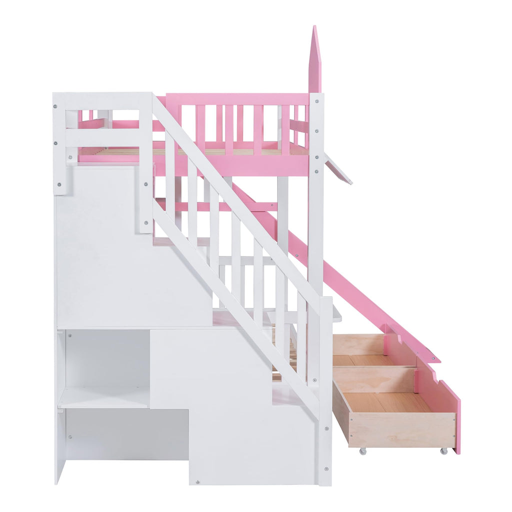 Twin Over Twin Bunk Bed with Slide, 2 Drawers & 3 Shelves E56960