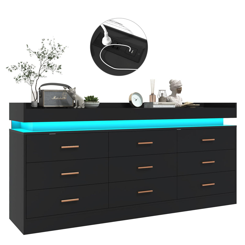 Black 9 Drawer Dresser with Charging Station and LED Lights Q99730