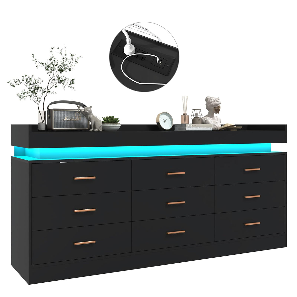 Black 9 Drawer Dresser with Charging Station and LED Lights Q99730