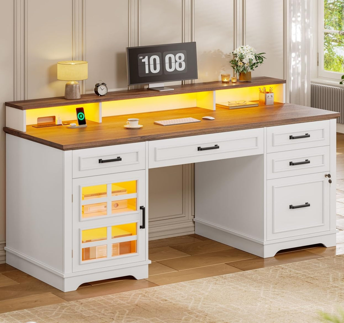 White Wood Executive Desk with Drawers and Storage Cabinet J6786