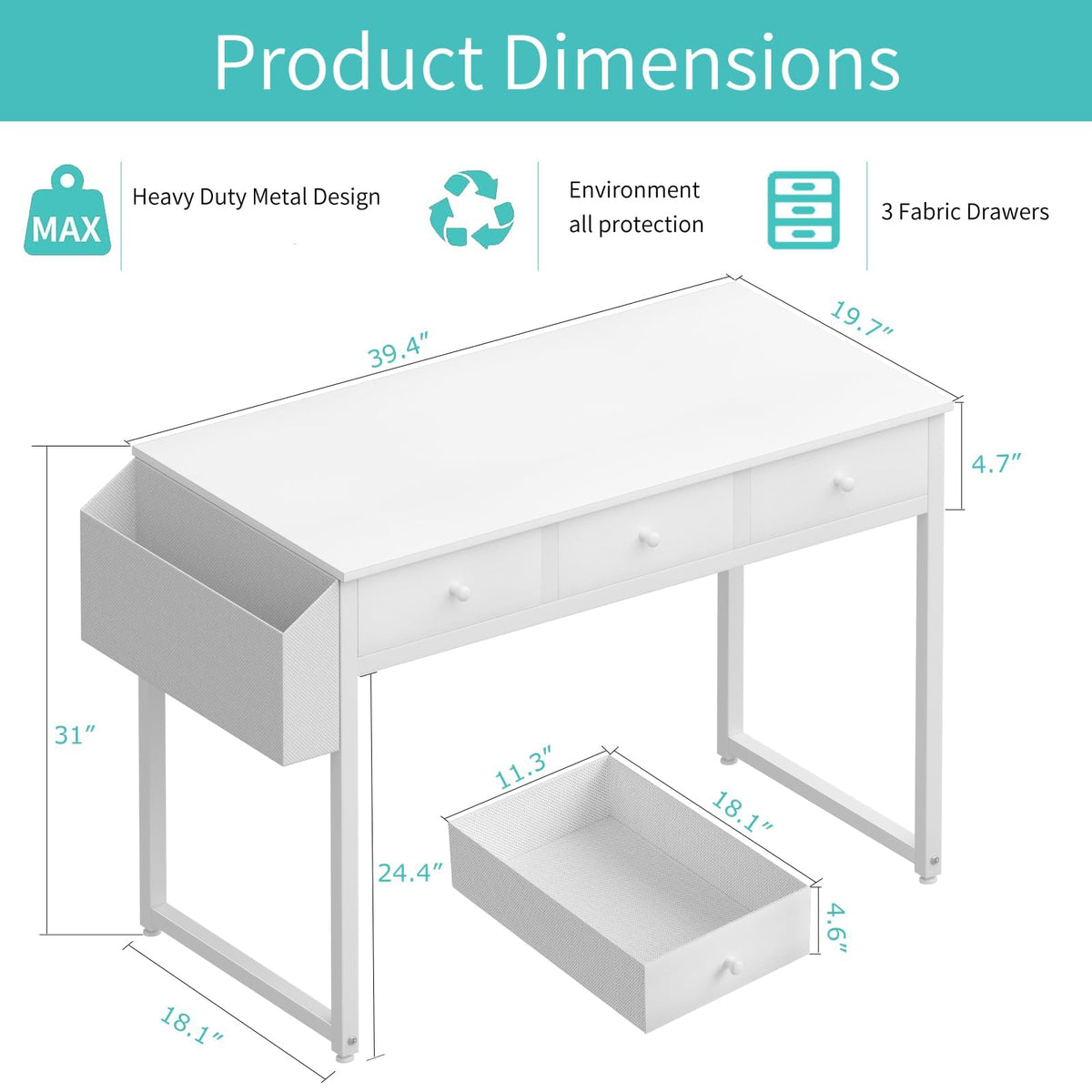 White 40 Inch Computer Desk with Drawers F7203