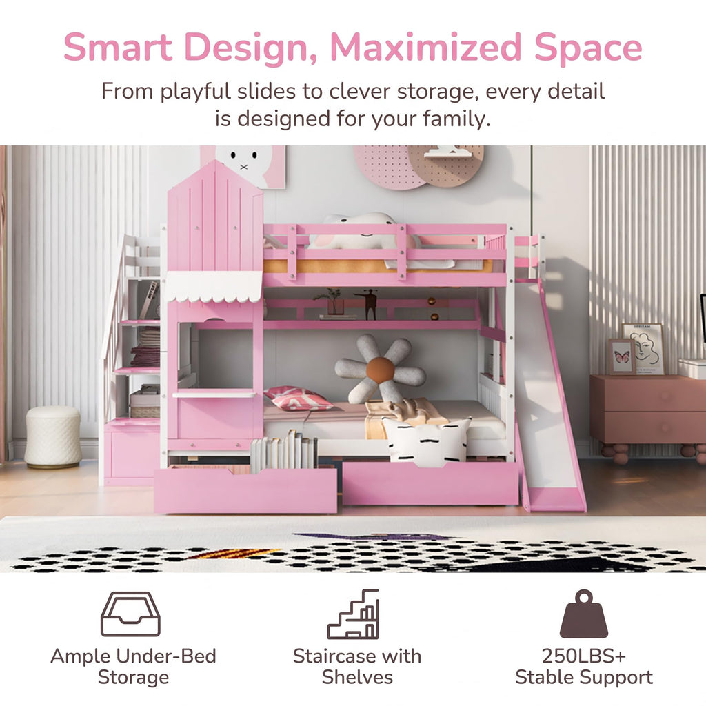 Twin Over Twin Bunk Bed with Slide, 2 Drawers & 3 Shelves E56960