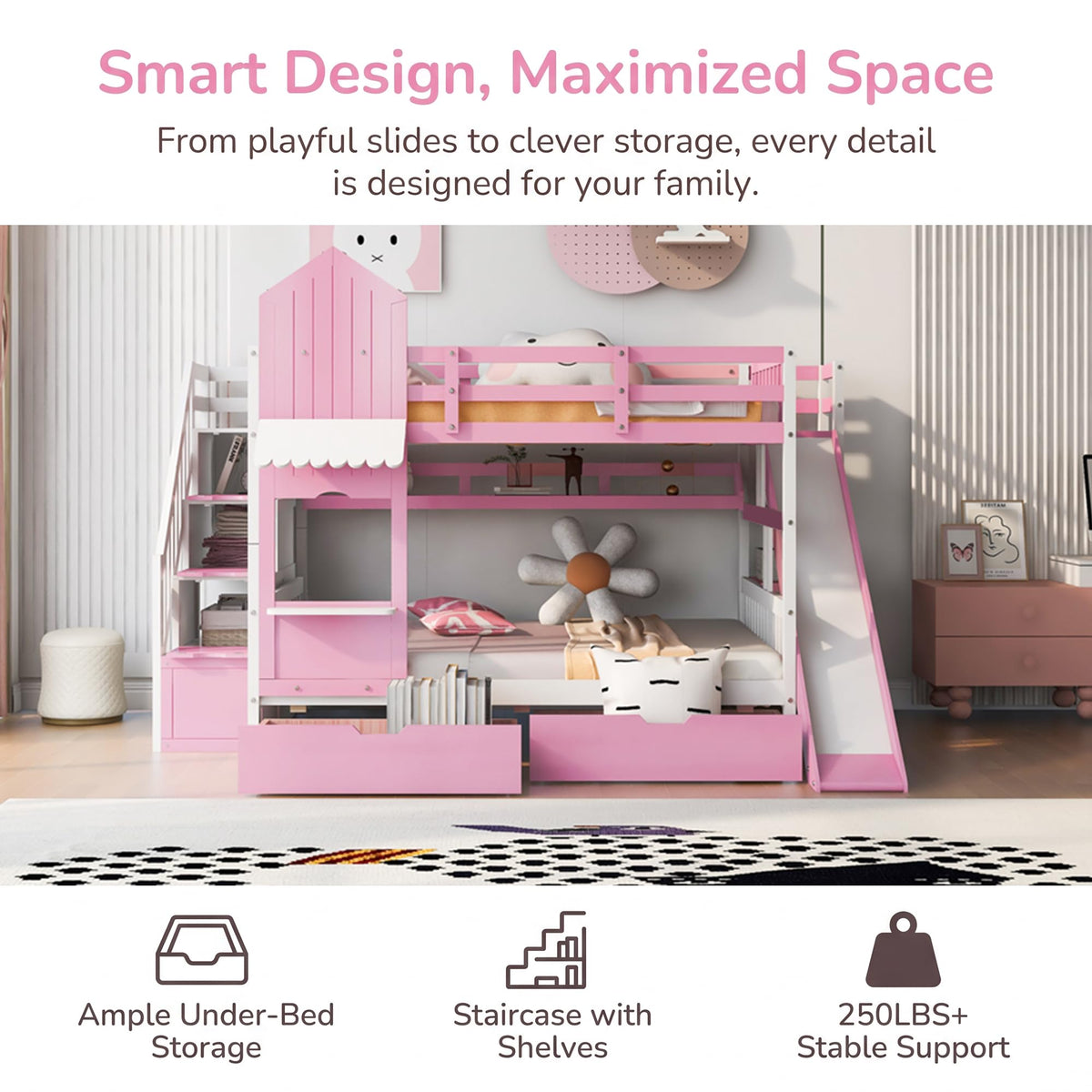 Twin Over Twin Bunk Bed with Slide, 2 Drawers & 3 Shelves E56960