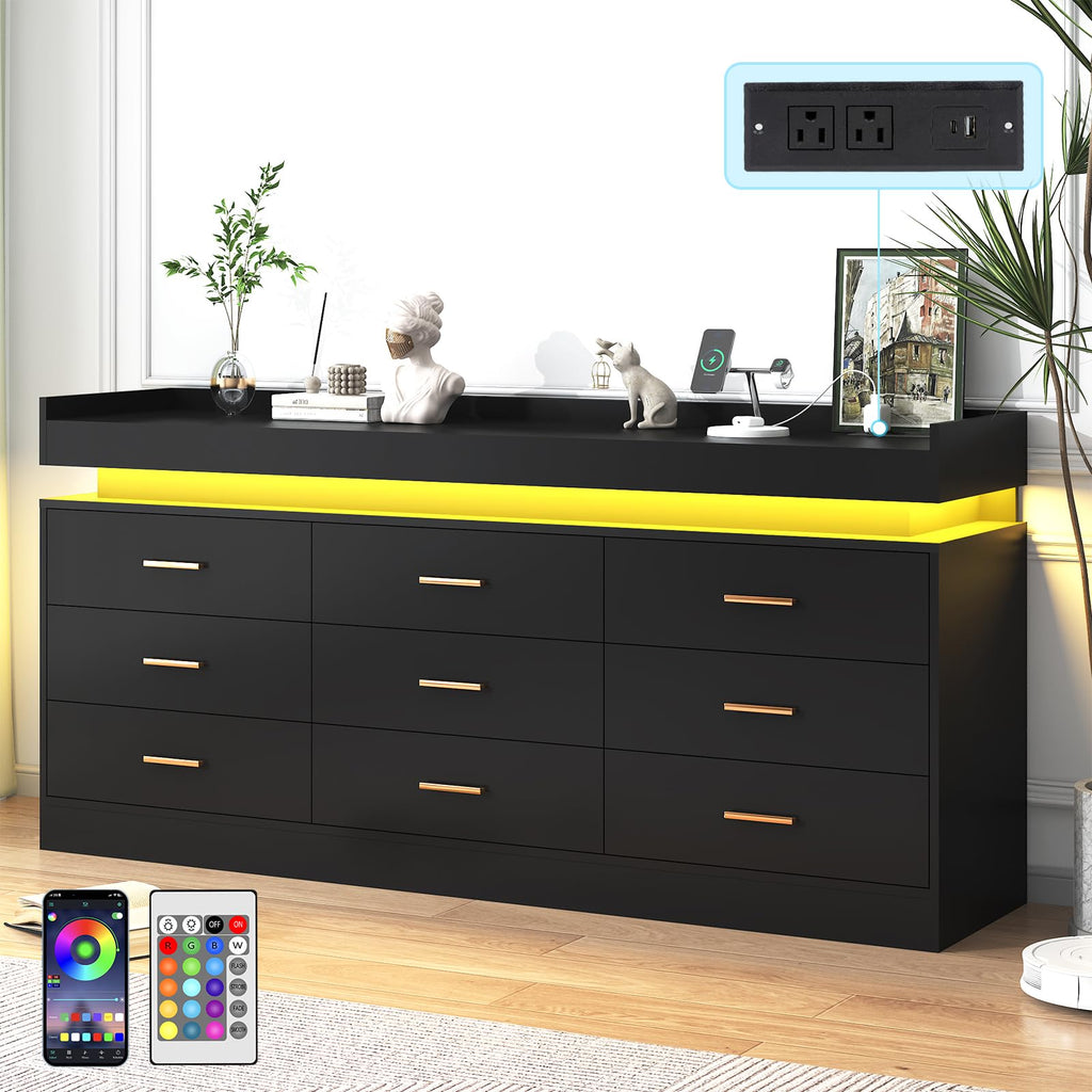 Black 9 Drawer Dresser with Charging Station and LED Lights Q99730