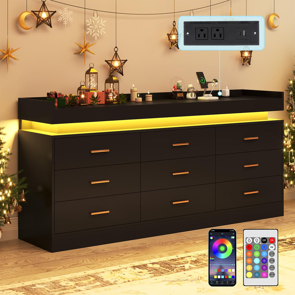 Black 9 Drawer Dresser with Charging Station and LED Lights Q99730