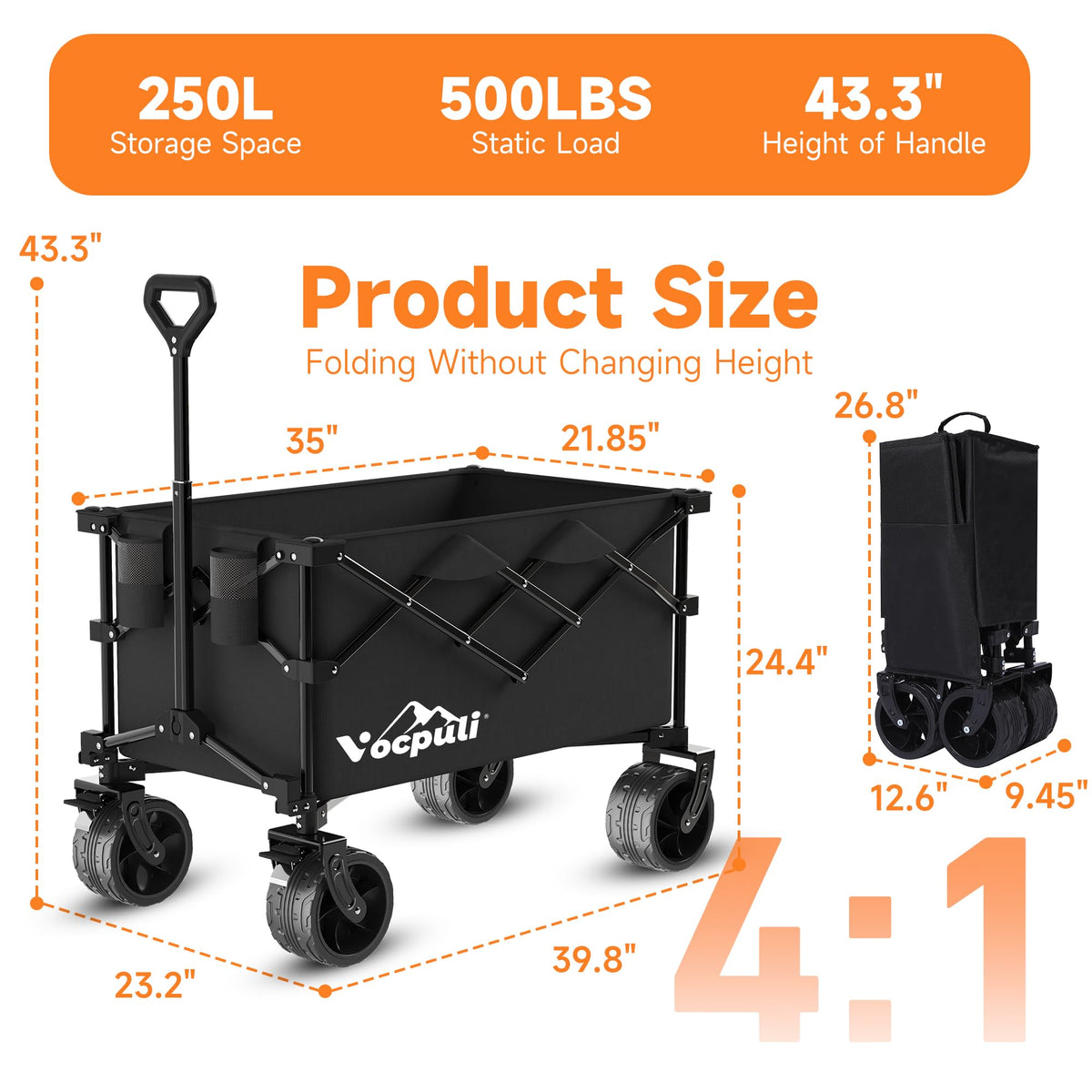 40" Black Collapsible Wagon Cart 500lbs 250L Z9062