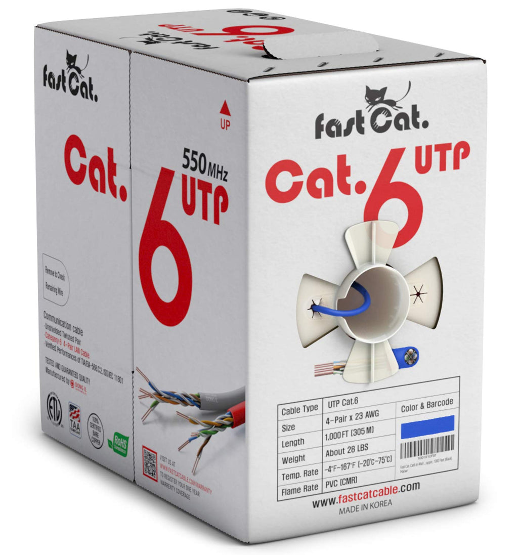 Cat 6 Ethernet Cable 1000ft Blue 23 AWG CMR Solid Bare Copper J32336
