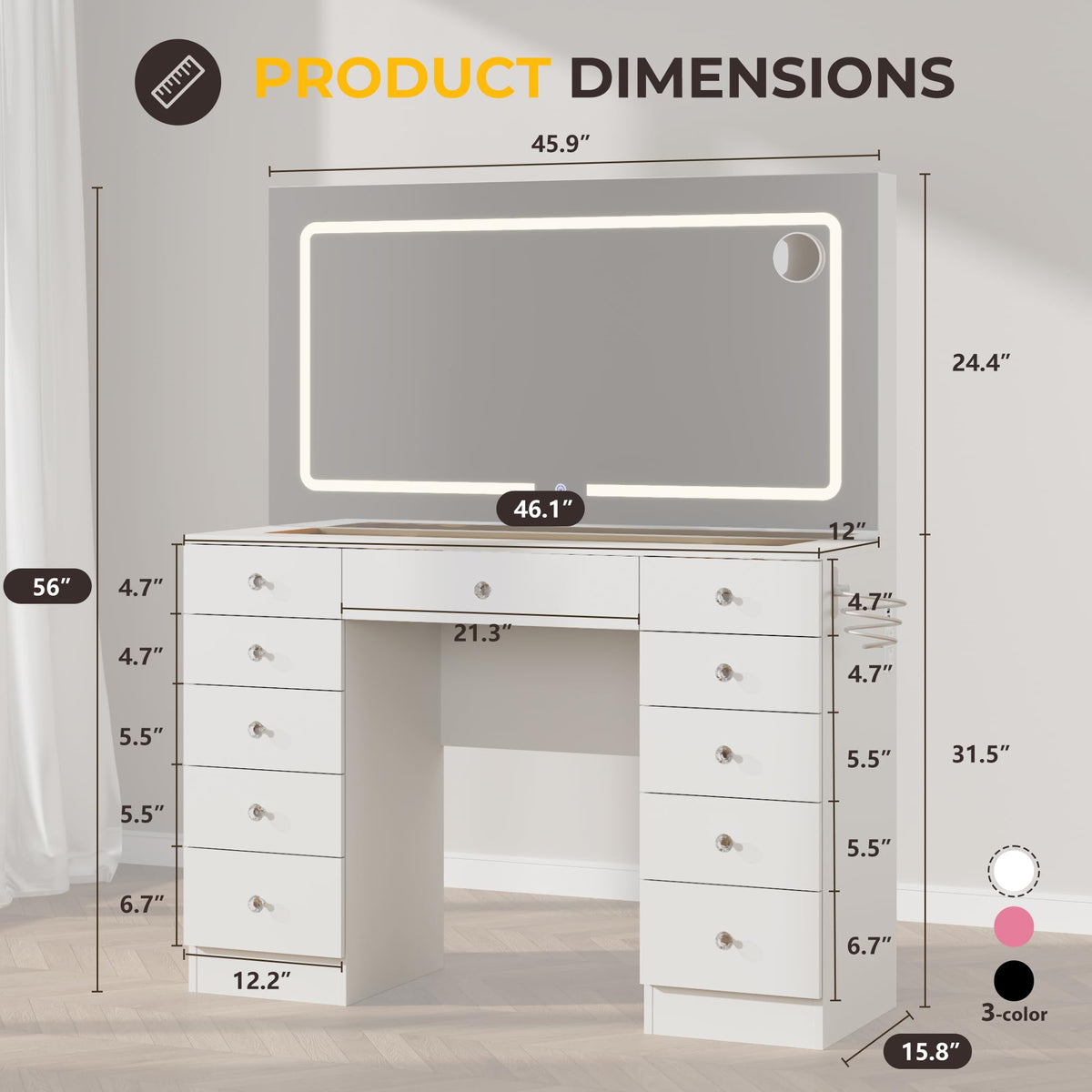 46" White Makeup Vanity Desk with Mirror and Lights B73645