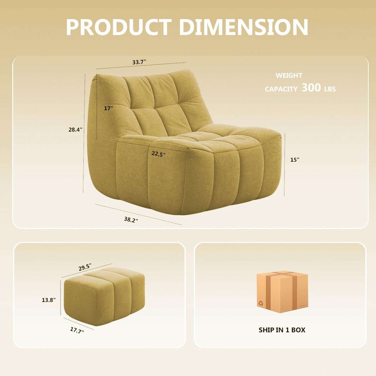 Yellow Memory Foam Bean Bag Chair with Ottoman Q42547