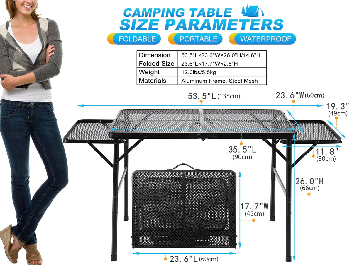 Black 4.4 FT Folding Camping Table with 2 Wing Panels D7046