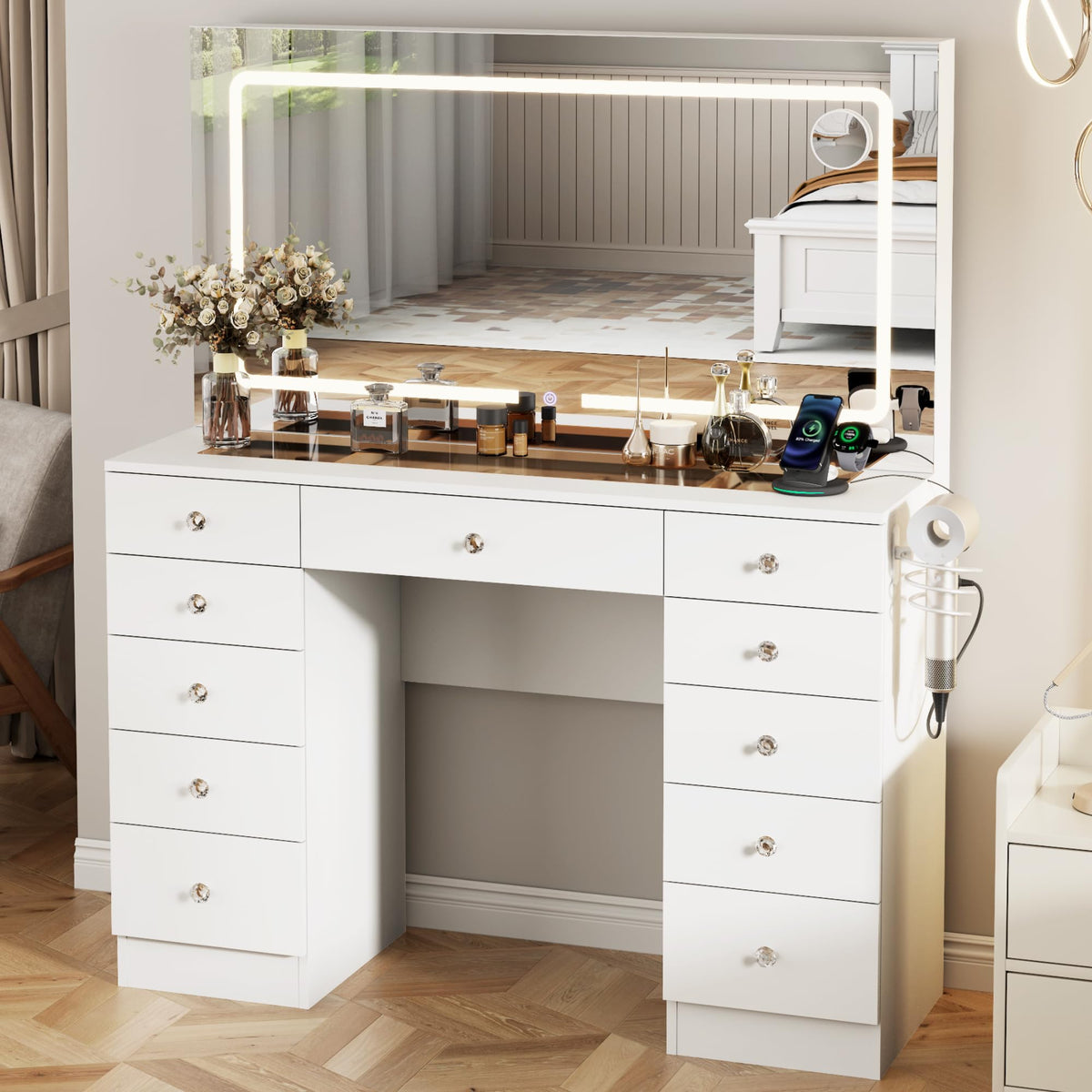 46" White Makeup Vanity Desk with Mirror and Lights B73645