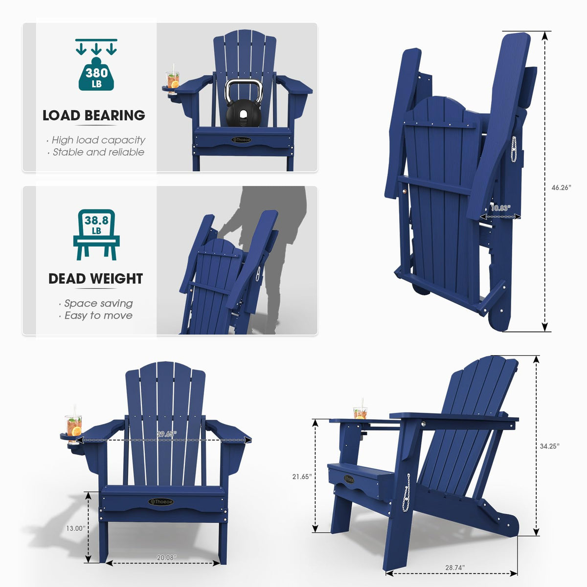 Folding Adirondack Chair Set of 2 HDPE All-Weather Outdoor Chair J832019