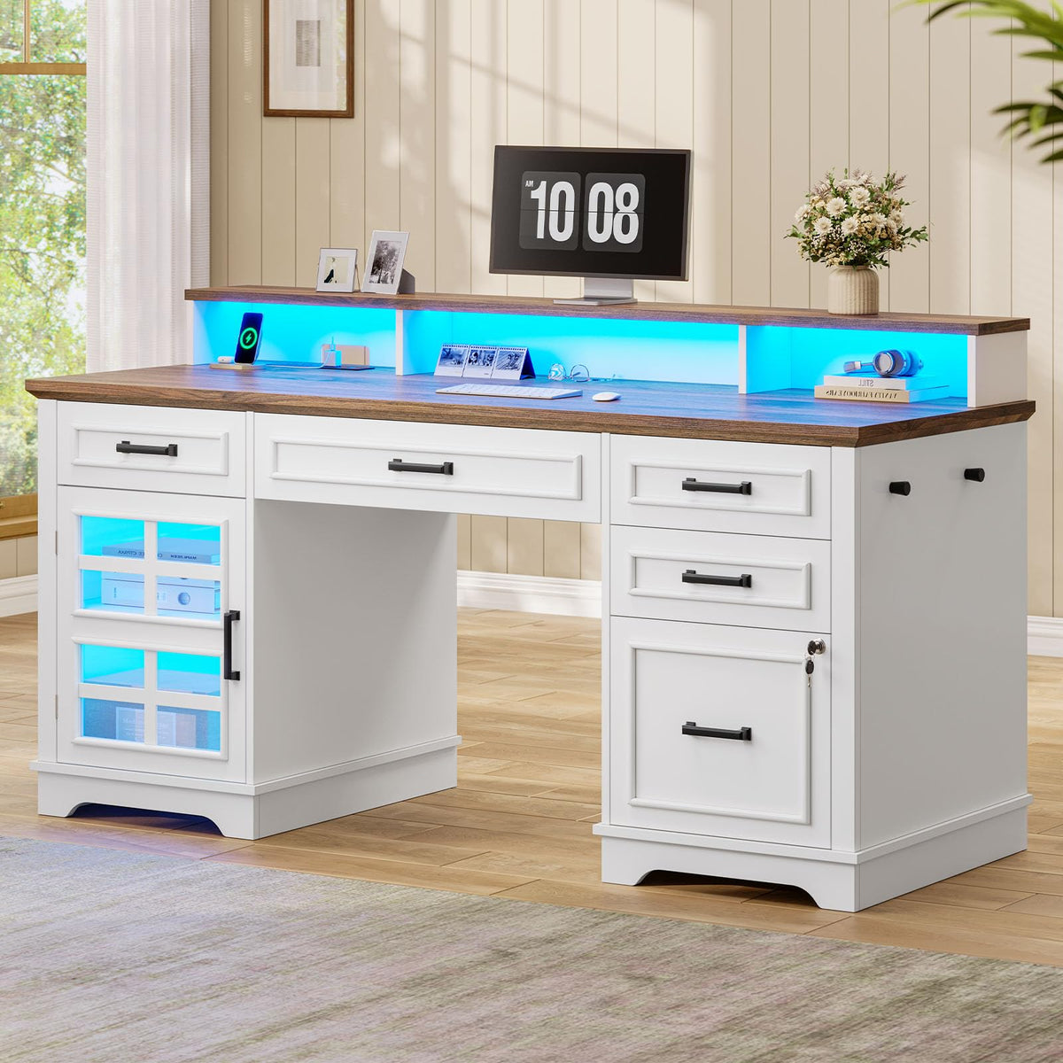 White Wood Executive Desk with Drawers and Storage Cabinet J6786