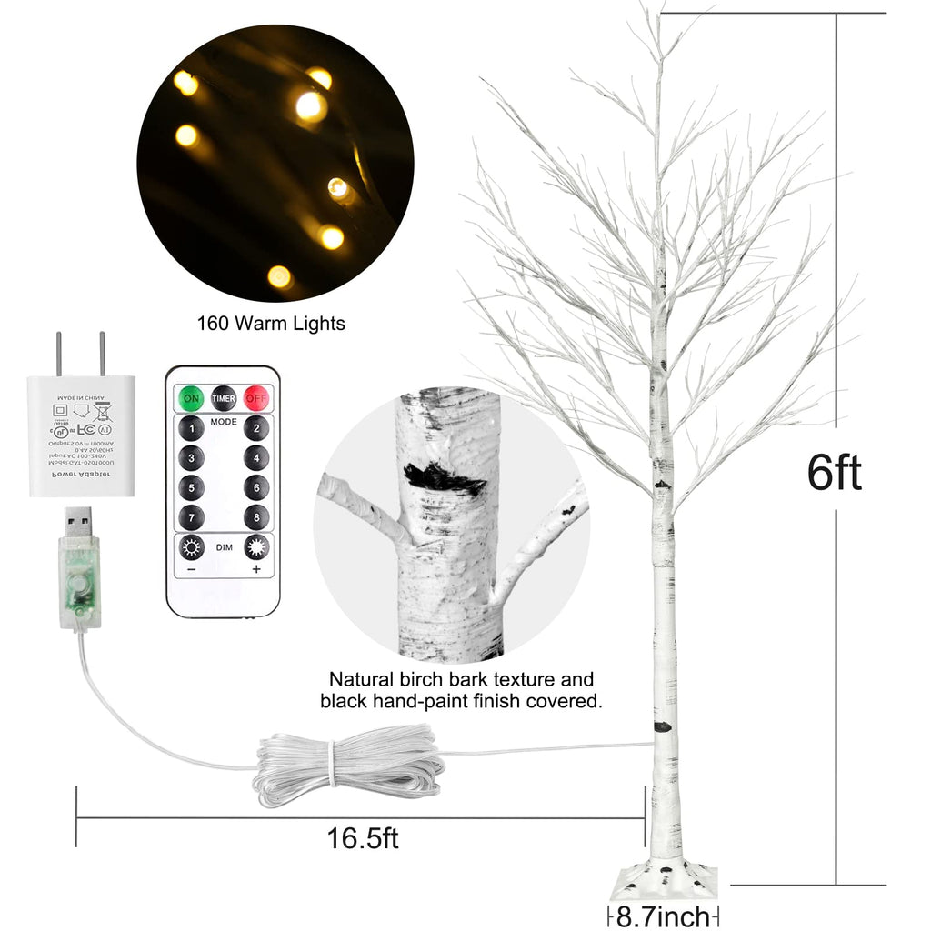 6FT Lighted Birch Tree with 160 LEDs Warm White Lights K696
