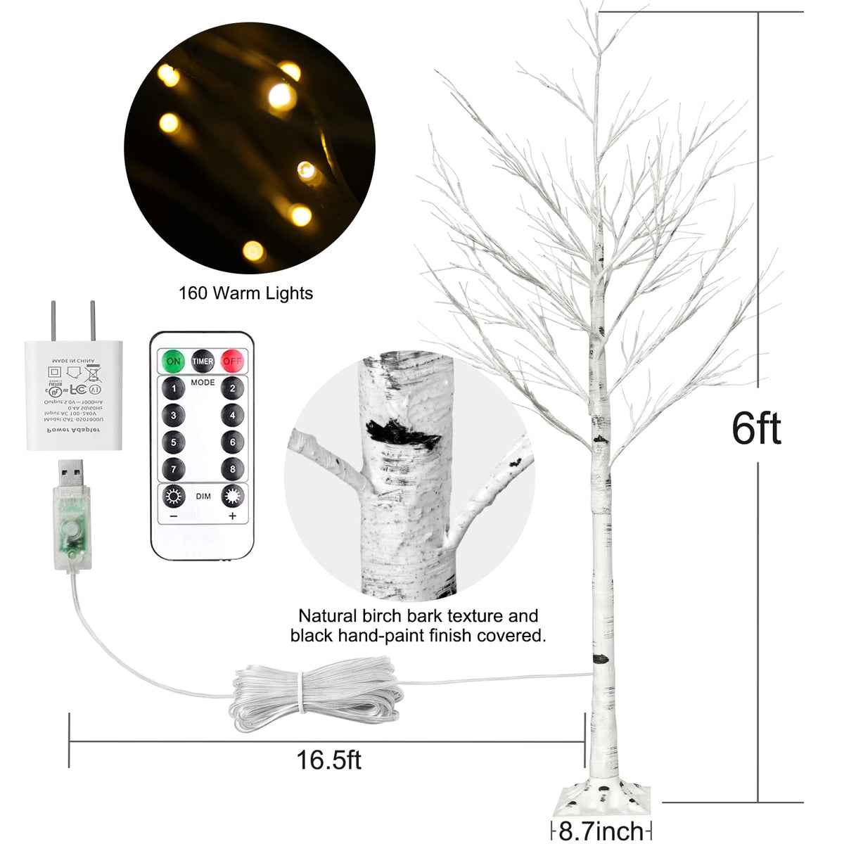 6FT Lighted Birch Tree with 160 LEDs Warm White Lights K696