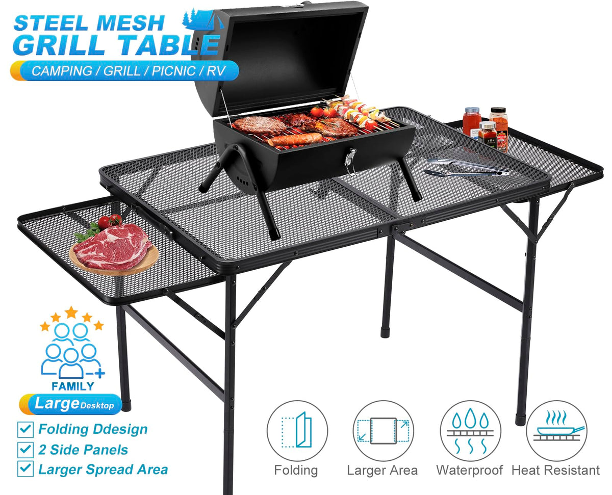 Black 4.4 FT Folding Camping Table with 2 Wing Panels D7046