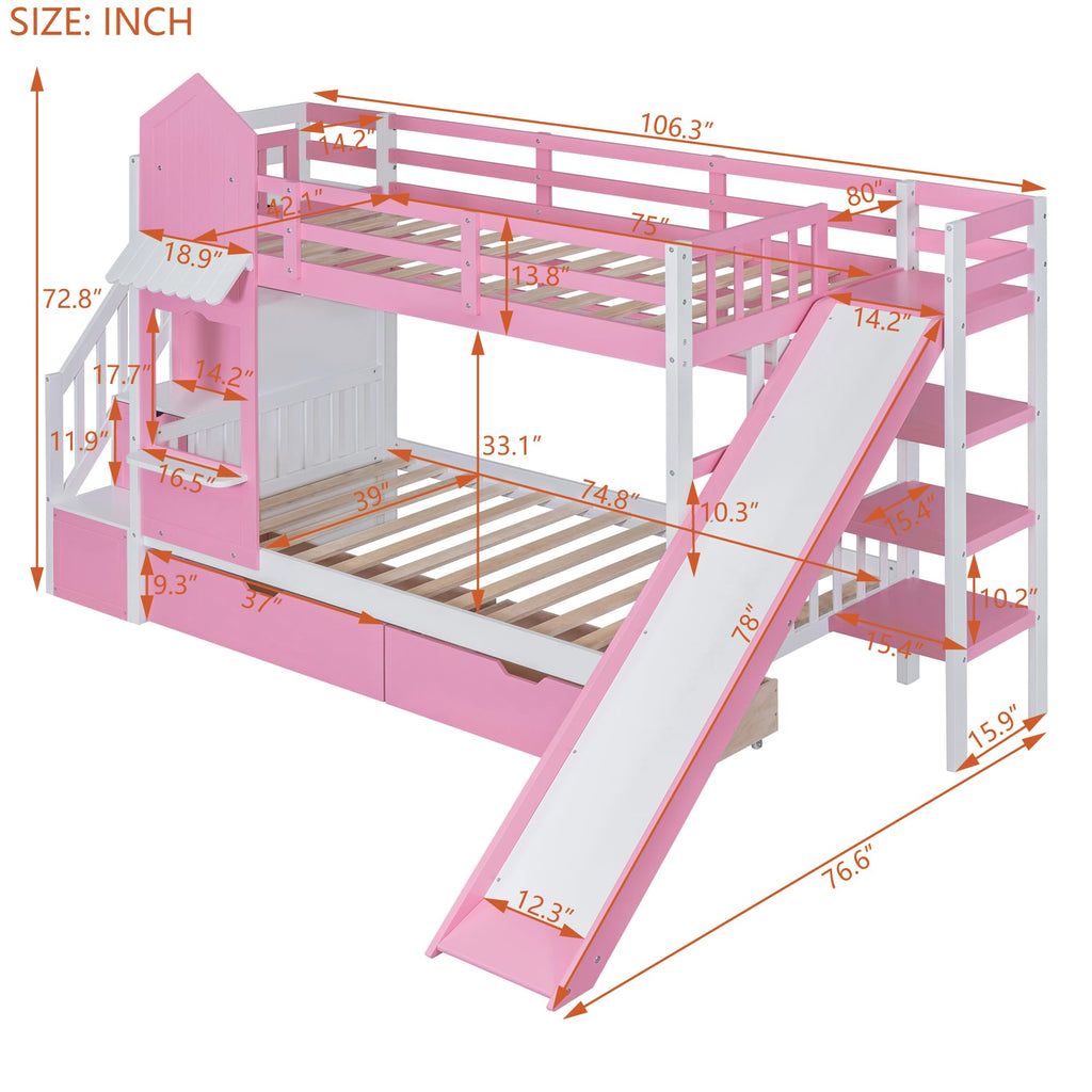 Twin Over Twin Bunk Bed with Slide, 2 Drawers & 3 Shelves E56960