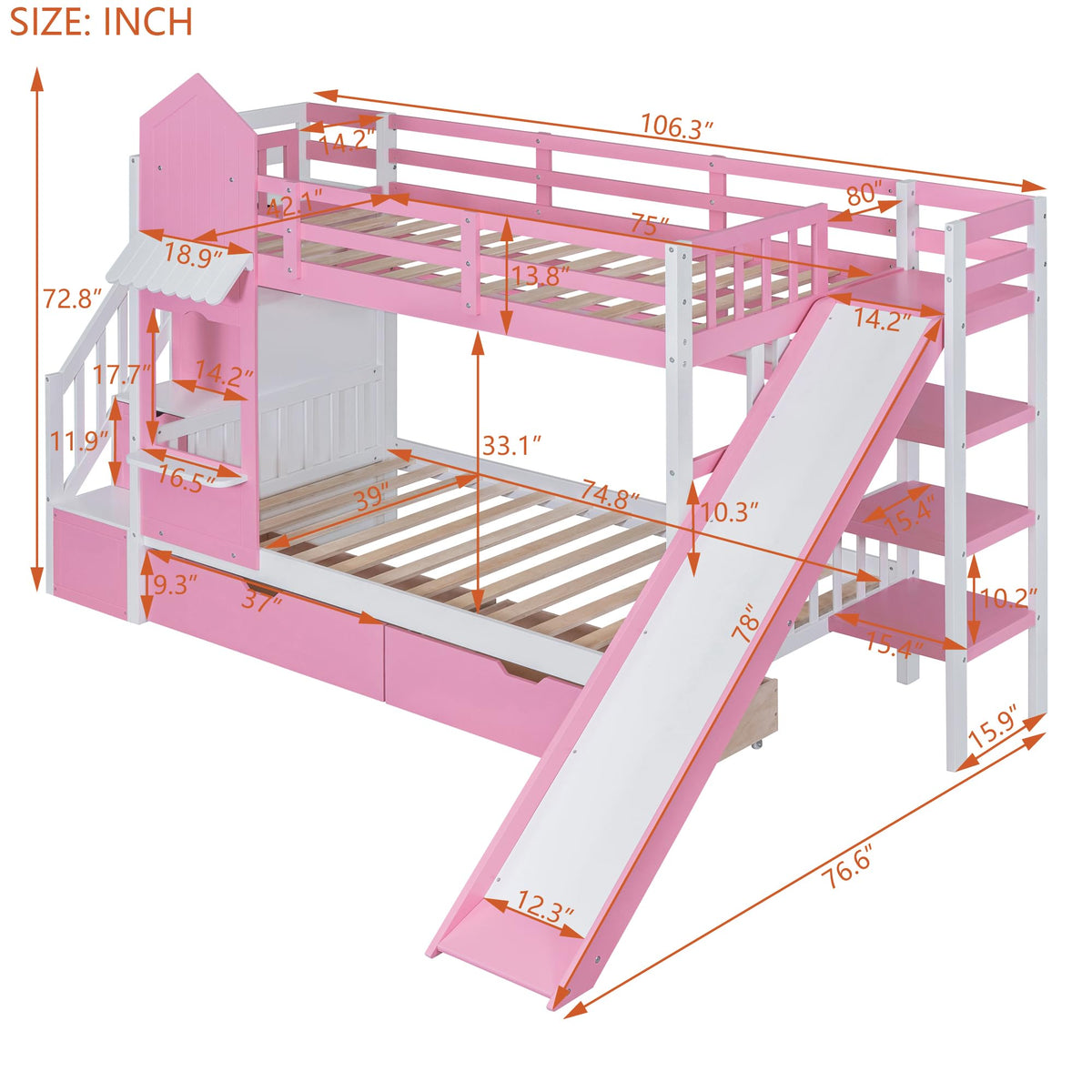 Twin Over Twin Bunk Bed with Slide, 2 Drawers & 3 Shelves E56960