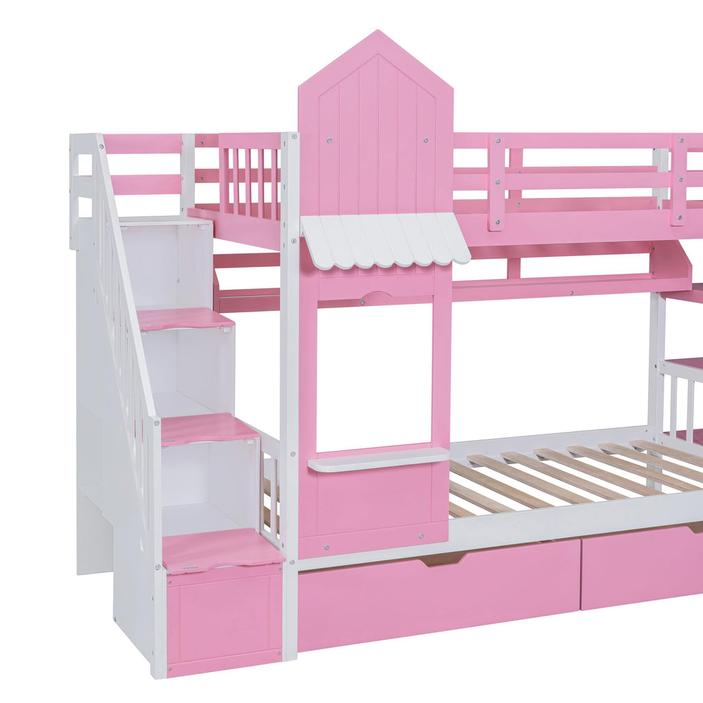 Twin Over Twin Bunk Bed with Slide, 2 Drawers & 3 Shelves E56960