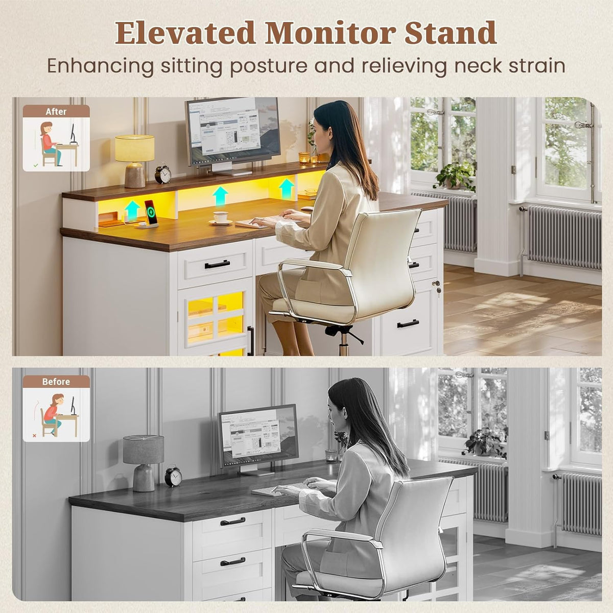 White Wood Executive Desk with Drawers and Storage Cabinet J6786