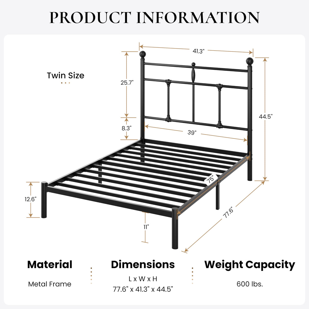 Twin Size Black Metal Platform Bed Frame with Headboard R417184