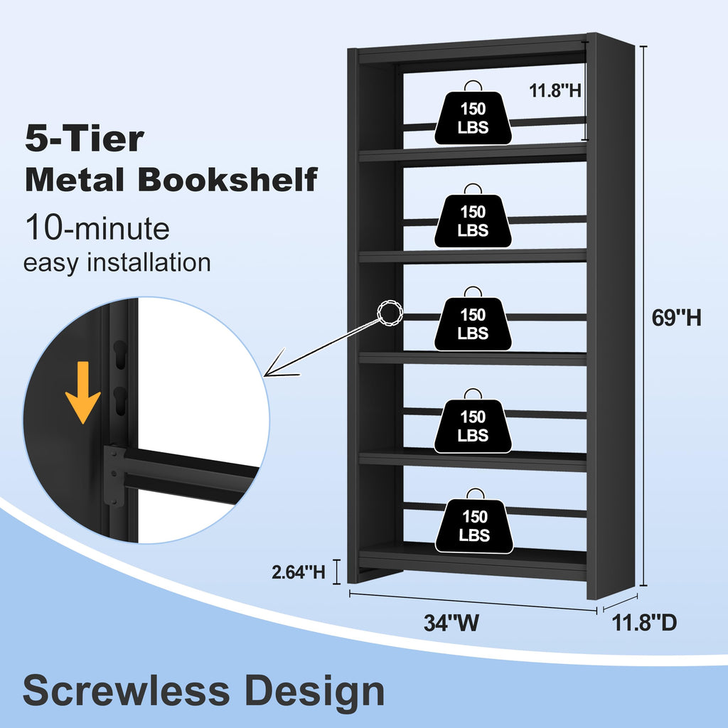 Black 69" Tall 5 Tier Metal Bookshelf V1807