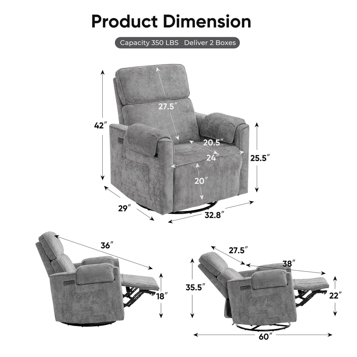 Oversized Chenille Swivel Rocker Recliner Chair with USB Ports Q62085