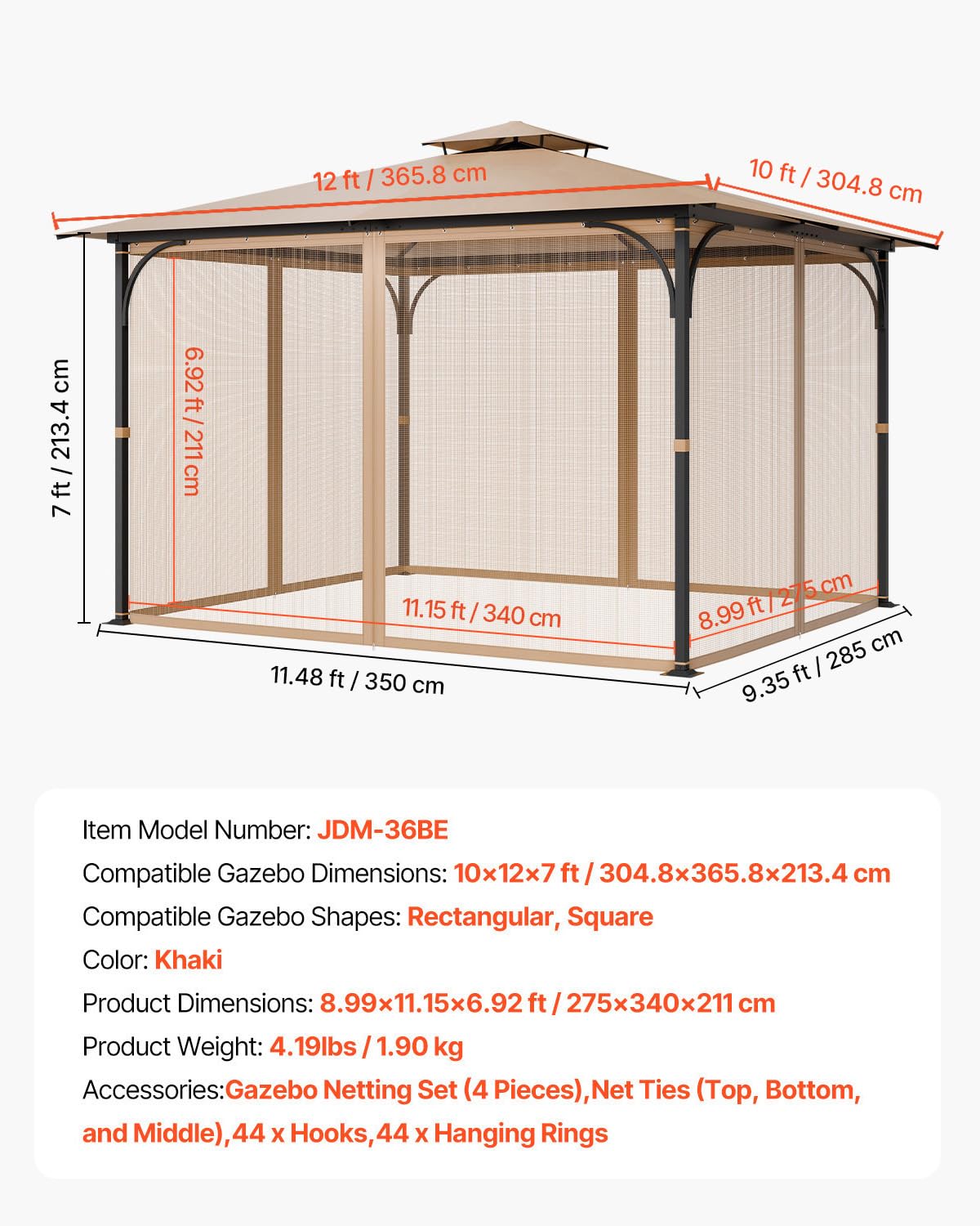 10 x 12 x 7 FT Gazebo Netting Replacement 4-Panel Sidewall Mesh Net W70165