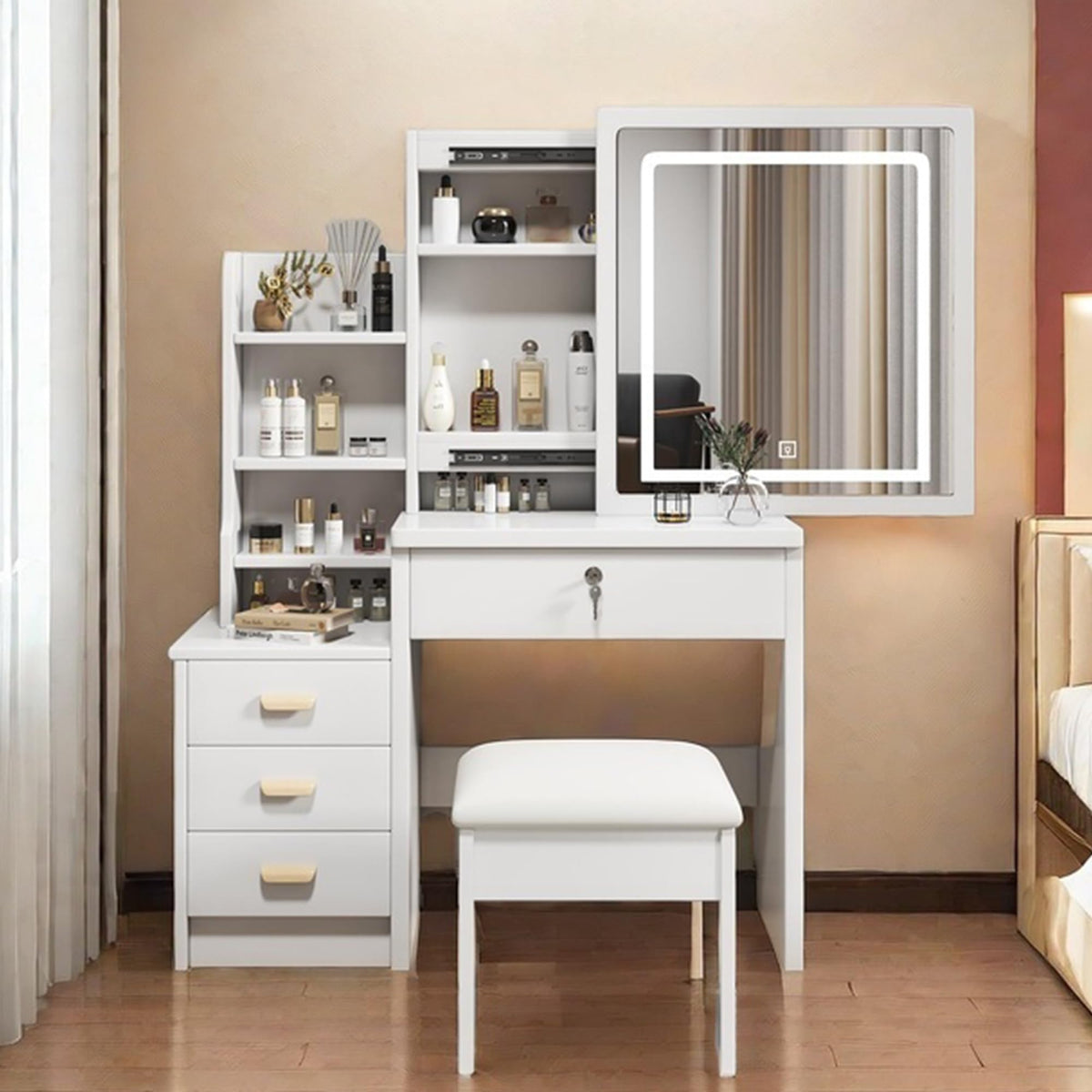 White 4 Drawer Vanity Desk Set with Mirror C44357