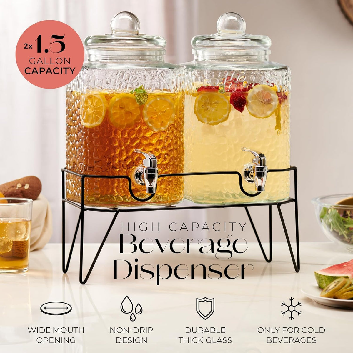 Glass Beverage Dispenser with Metal Stand Set of 2 G1547