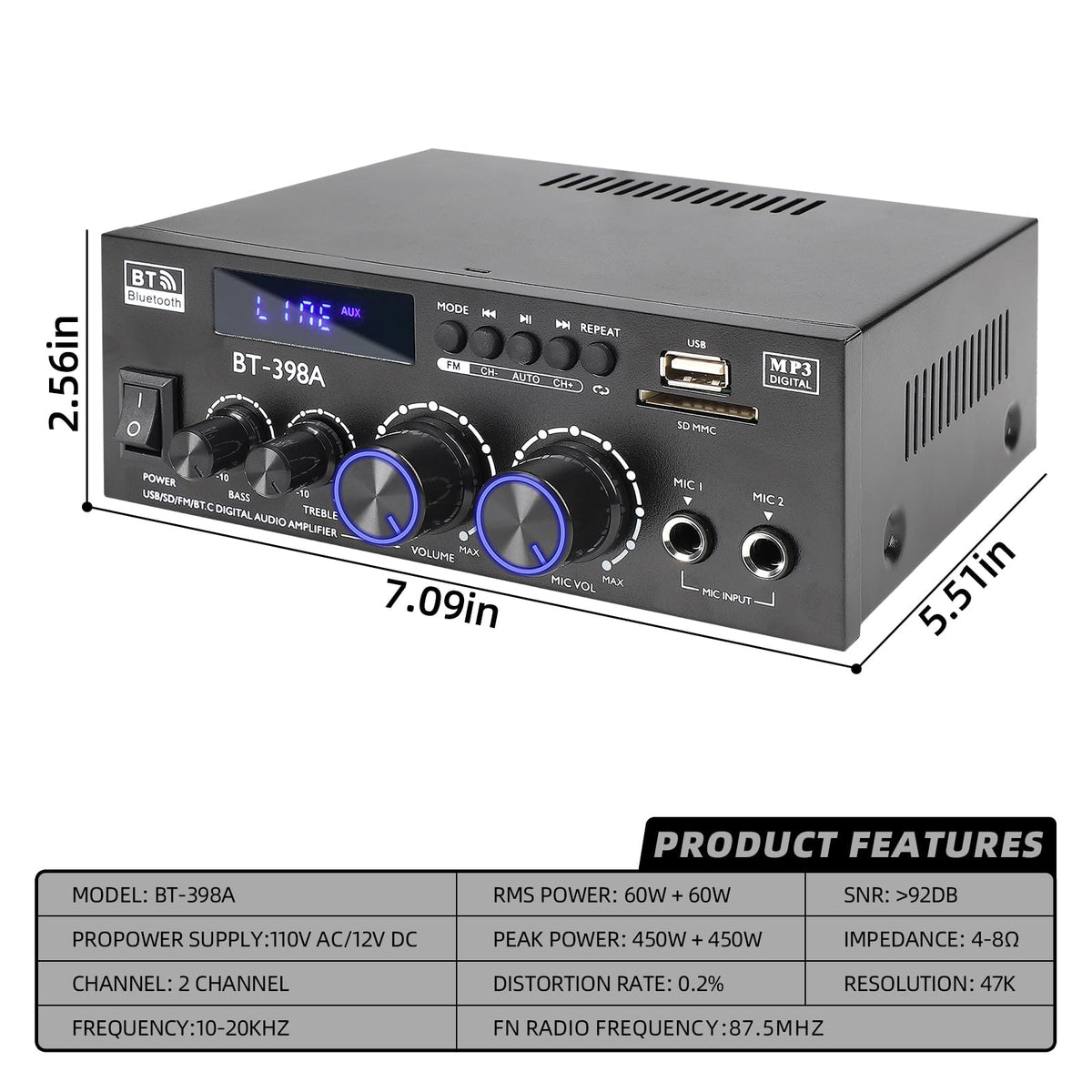 Bluetooth 5.0 Stereo Receivers, 2 Channel 450W Home Amplifier F987