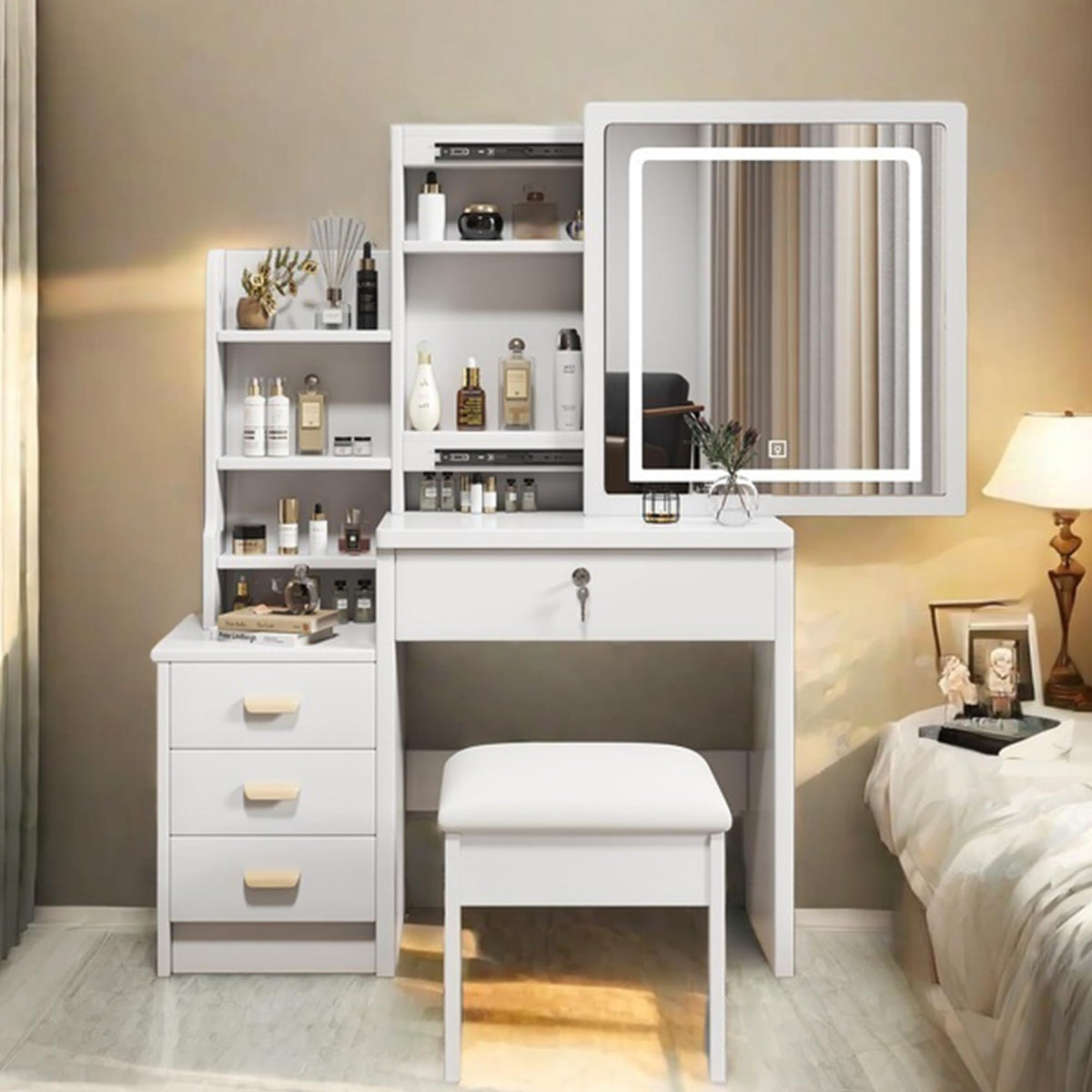 White 4 Drawer Vanity Desk Set with Mirror C44357