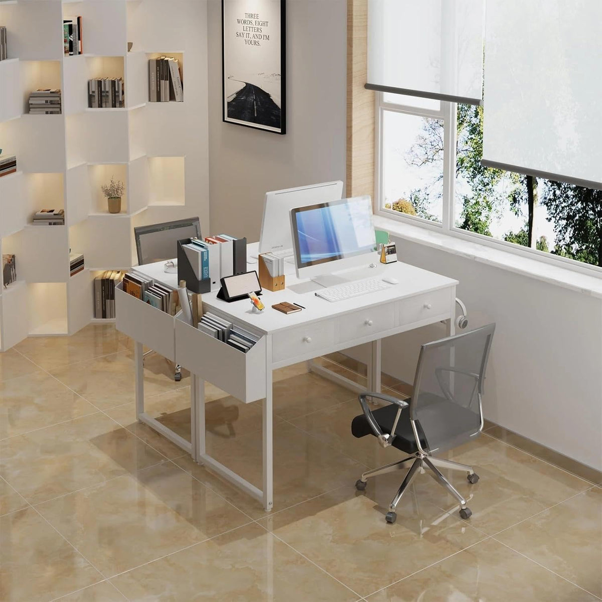 White 40 Inch Computer Desk with Drawers F7203