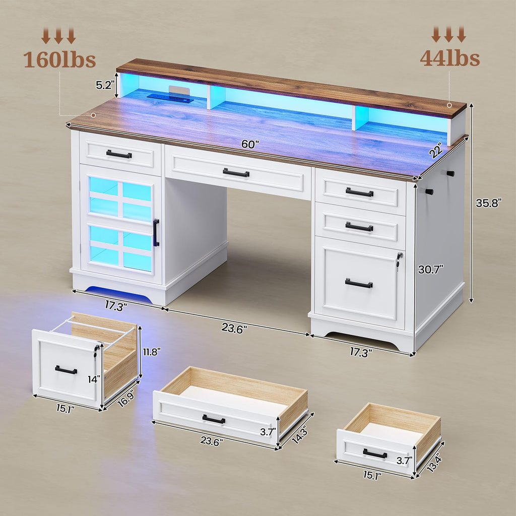 White Wood Executive Desk with Drawers and Storage Cabinet J6786
