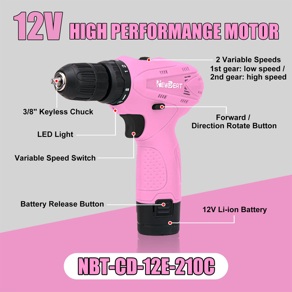 Pink 12V Cordless Drill Set with Battery and Charger T984