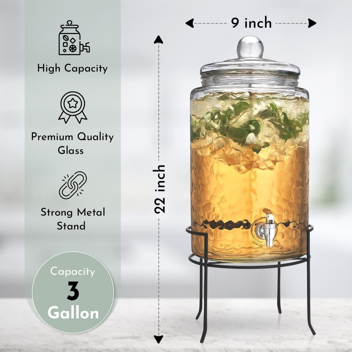3 Gallon Glass Beverage Dispenser with Metal Stand & Lid A61916