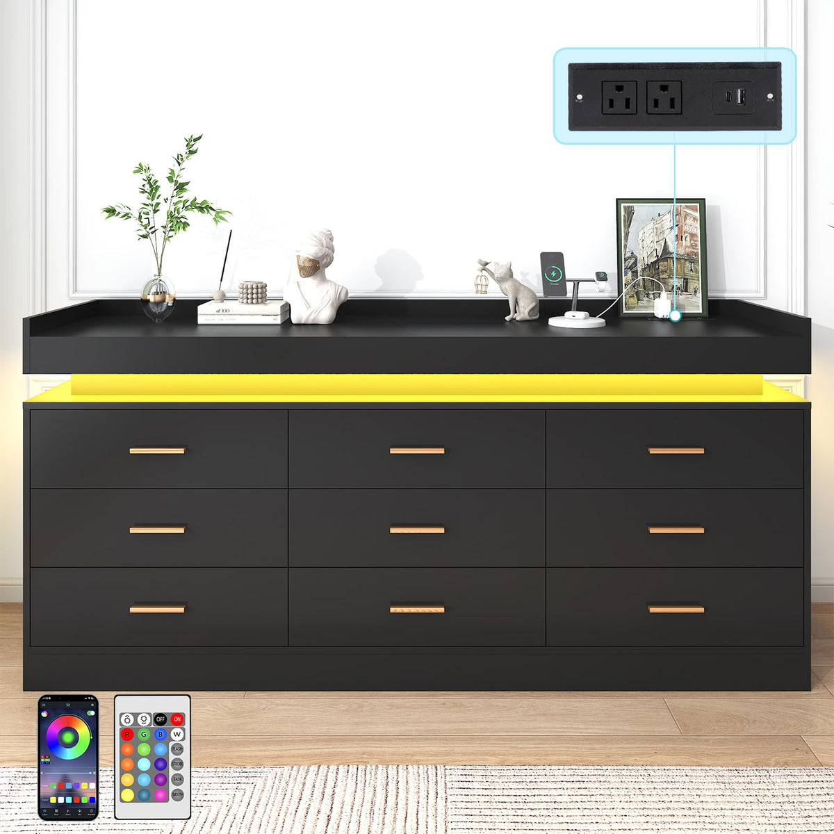 Black 9 Drawer Dresser with Charging Station and LED Lights Q99730
