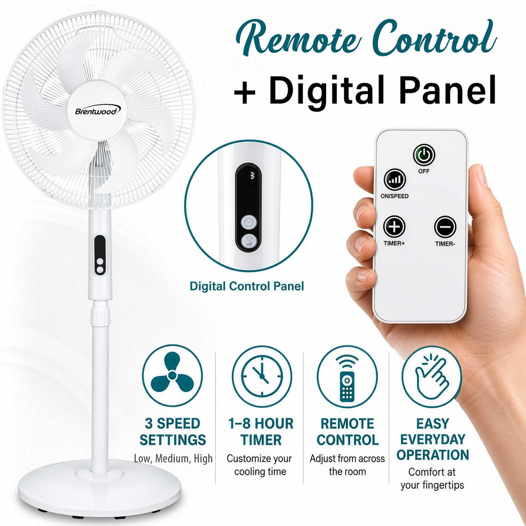 16” Oscillating Stand Fan with Remote, White D323