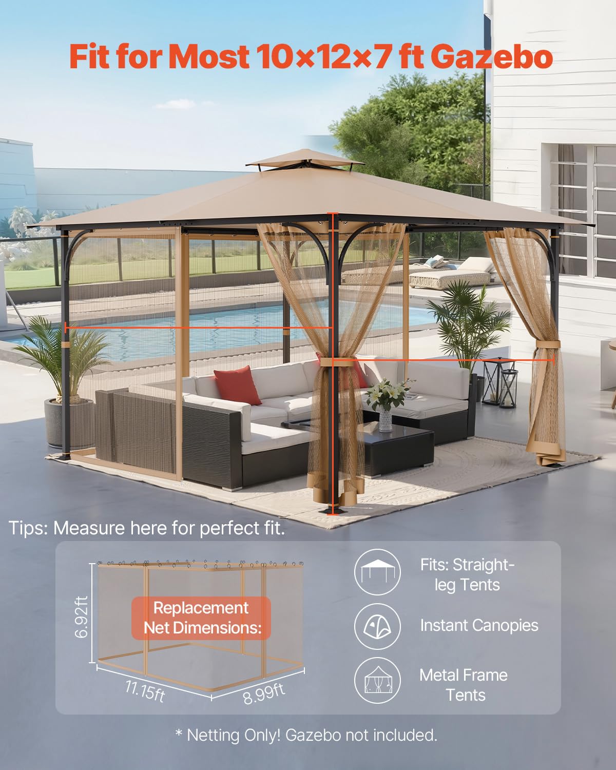 10 x 12 x 7 FT Gazebo Netting Replacement 4-Panel Sidewall Mesh Net W70165