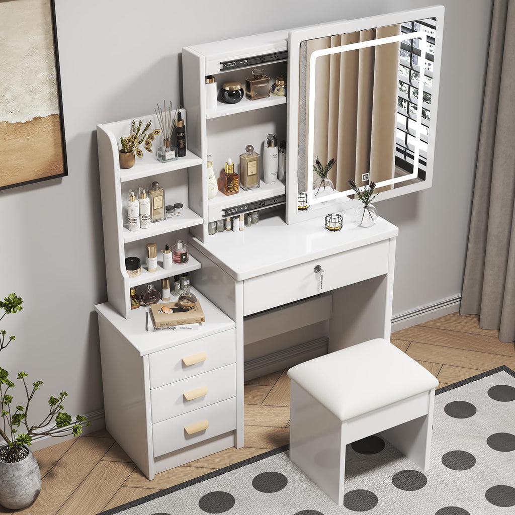 White 4 Drawer Vanity Desk Set with Mirror C44357