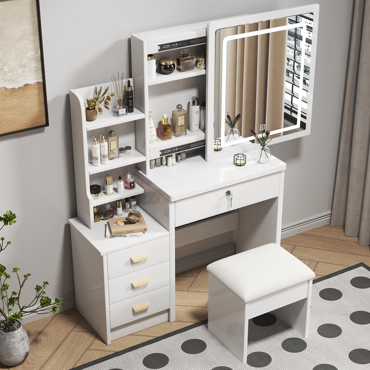 White 4 Drawer Vanity Desk Set with Mirror C44357