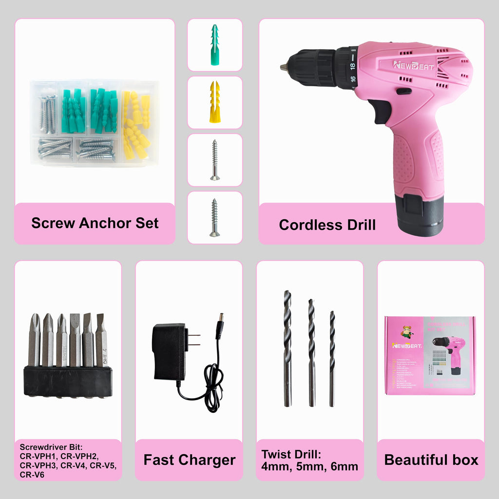 Pink 12V Cordless Drill Set with Battery and Charger T984