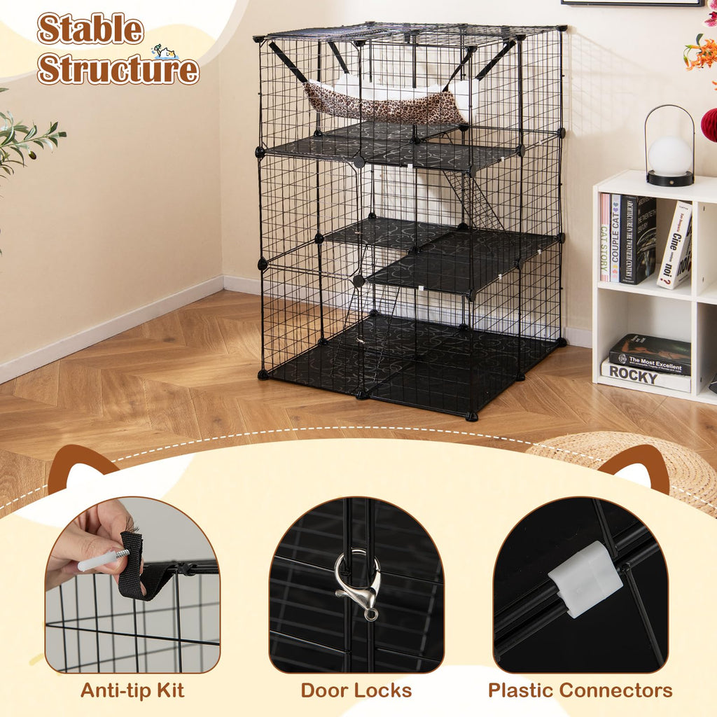 Black 4-Tier Metal Cat Cage with Hammock Q66611