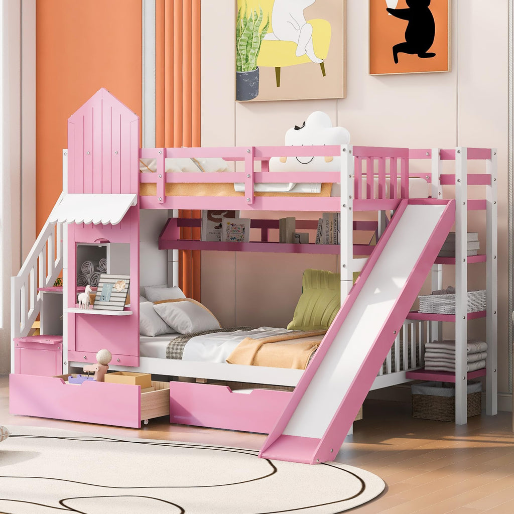 Twin Over Twin Bunk Bed with Slide, 2 Drawers & 3 Shelves E56960